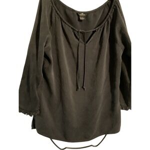 DD Collection Charcoal Gray 100% Silk Textured Tie Neck Blouse Peasant Top L